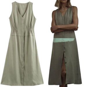 Zara ZW Collection Linen Sleeveless Elastic Waistline Button Front Midi Dress Ol